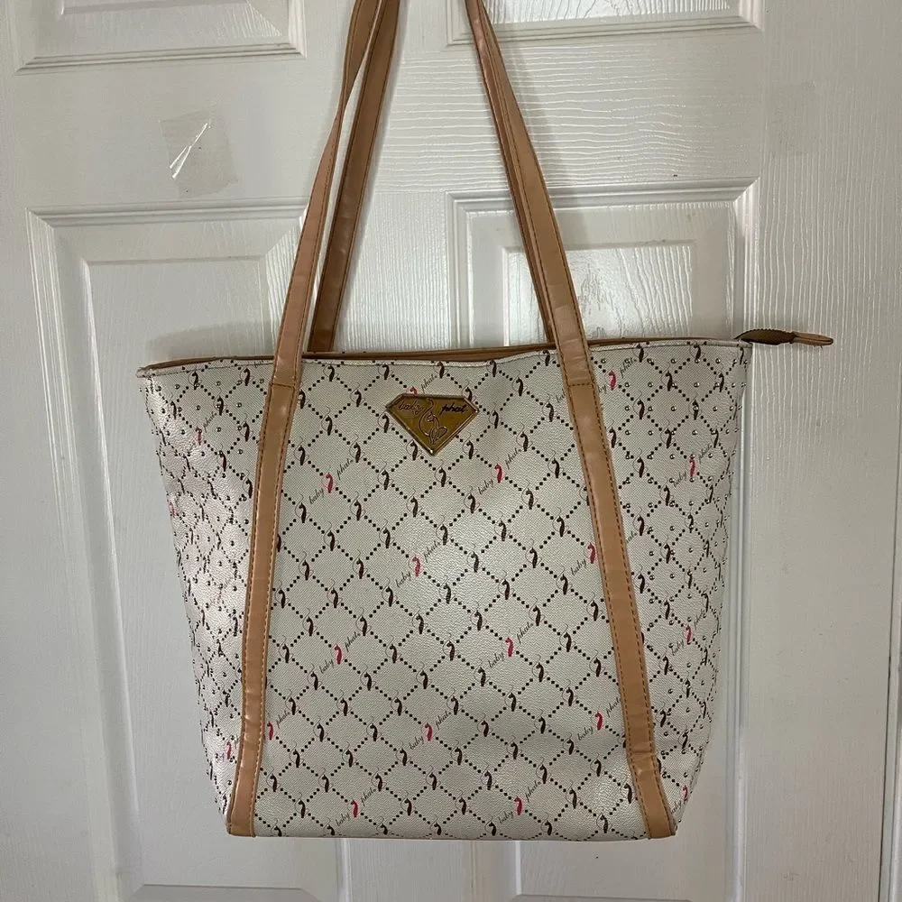 Babyphat beige logo brown & orange large tote with tan traps studs accents